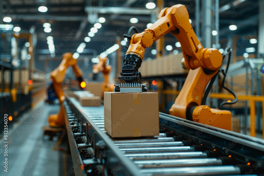 Robot arms in a warehouse preparing boxes for delivery on a conveyor belt. Robot arms in a warehouse preparing boxes for delivery on a conveyor belt.