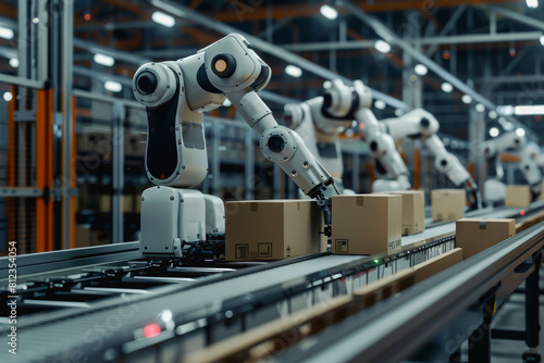 Robot arms in a warehouse preparing boxes for delivery on a conveyor belt.