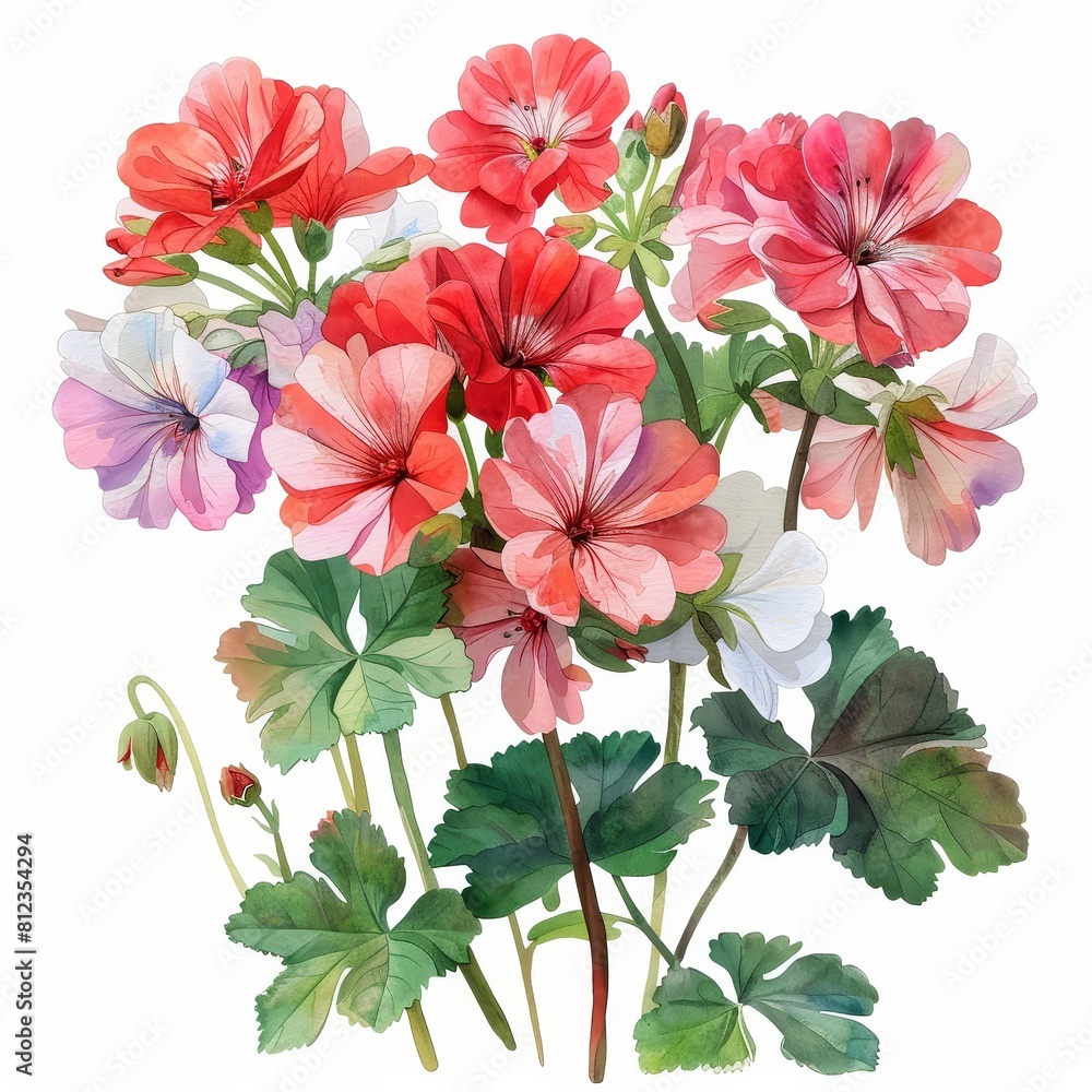 Obraz premium A beautiful watercolor painting of a bouquet of pink and white geraniums.