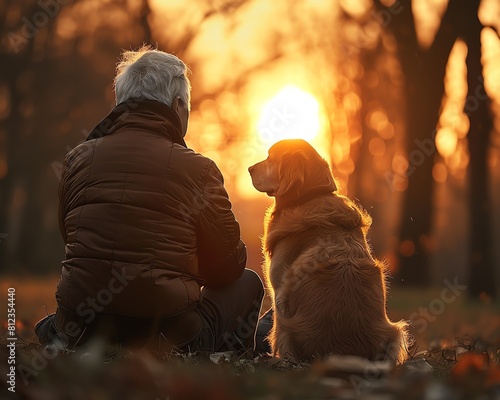 A senior man and his loyal golden retriever watching the sunset together in a serene park, embodying timeless companionship and mutual care photo