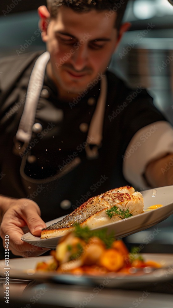 Chef serving flounder at a high-end sports club elite and sporty Chef serving flounder at a high-end sports club elite and sporty