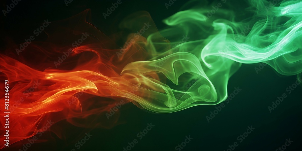 Obraz premium 煙や水の中のインクのテクスチャの抽象横長テンプレート。黒背景に緑と赤の流動体