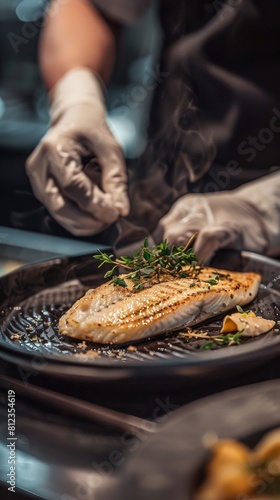 Chef serving flounder at a high-end sports club elite and sporty
