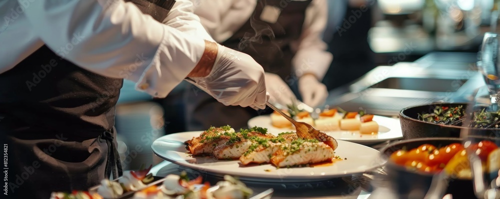 Chef serving flounder at an art gallery opening aesthetic and culinary arts combined Chef serving flounder at an art gallery opening aesthetic and culinary arts combined