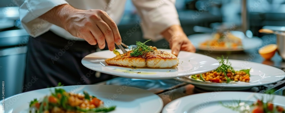 Chef serving flounder at an art gallery opening aesthetic and culinary arts combined Chef serving flounder at an art gallery opening aesthetic and culinary arts combined