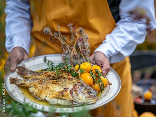 Chef serving flounder at an autumn harvest festival seasonal ingredients