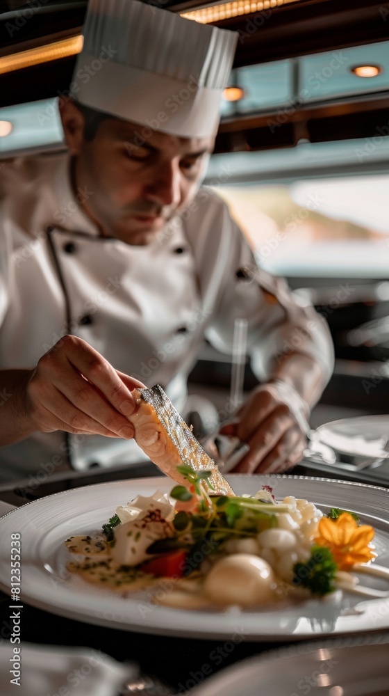 Chef serving flounder during a luxury cruise ship voyage elegant and refined Chef serving flounder during a luxury cruise ship voyage elegant and refined