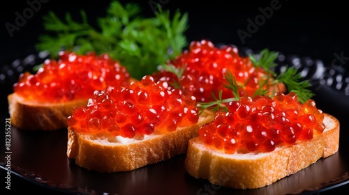 Red caviar on a toast close up delicious appetizer detailed gourmet food