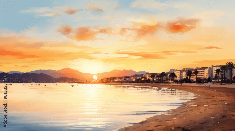 Seaside in Cannes France at sunset template or background card