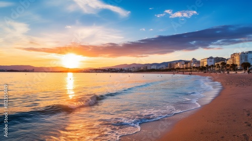 Seaside in Cannes France at sunset template or background card