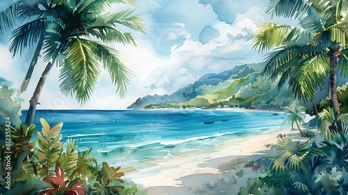 watercolor Amazing watercolor painting of a tropical beach. A beautiful landscape with palm trees  white sand and blue ocean.