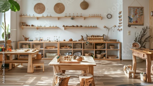A Waldorf-inspired classroom with natural wood furniture and handwork supplies.