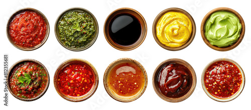 Bowls with various types of sauce isolated on transparent background