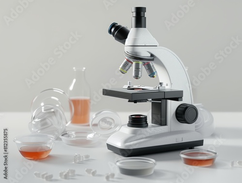 A 3D render of a microscope and petri dishes on a clean, white surface.