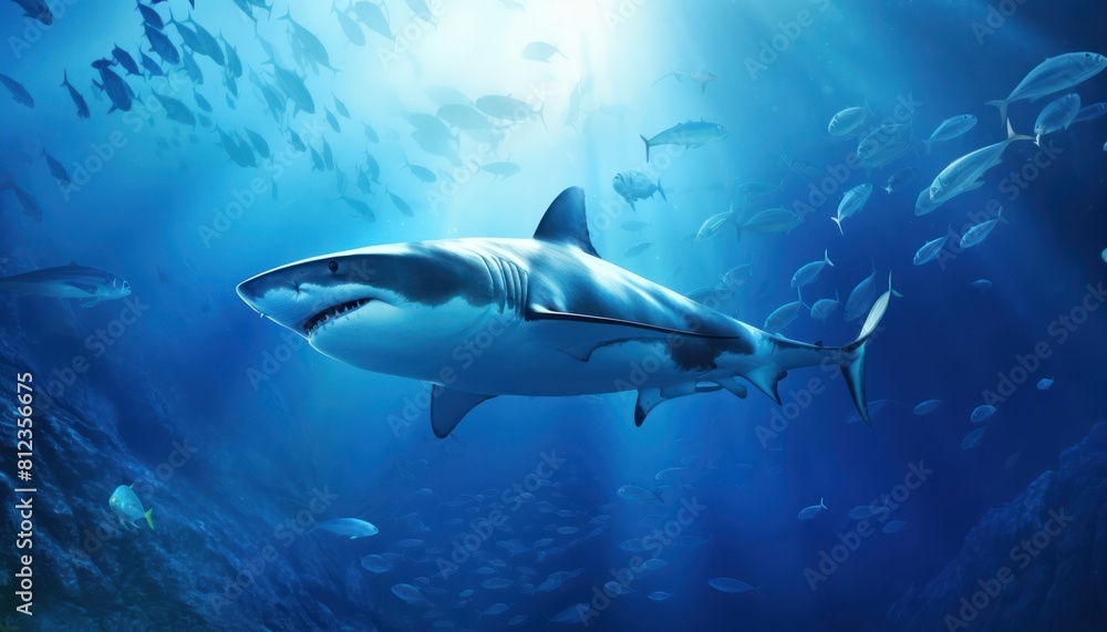 Great white shark in the ocean, portrait of White shark hunting prey in the underwater Great white shark in the ocean, portrait of White shark hunting prey in the underwater