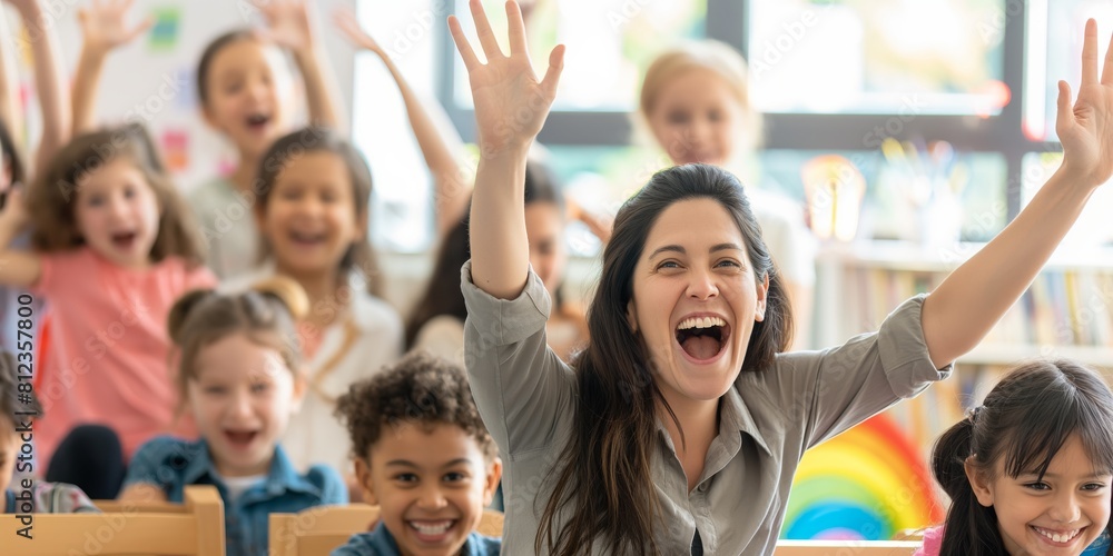An enthusiastic teacher joyfully interacts with her diverse students in a lively classroom environment An enthusiastic teacher joyfully interacts with her diverse students in a lively classroom environment