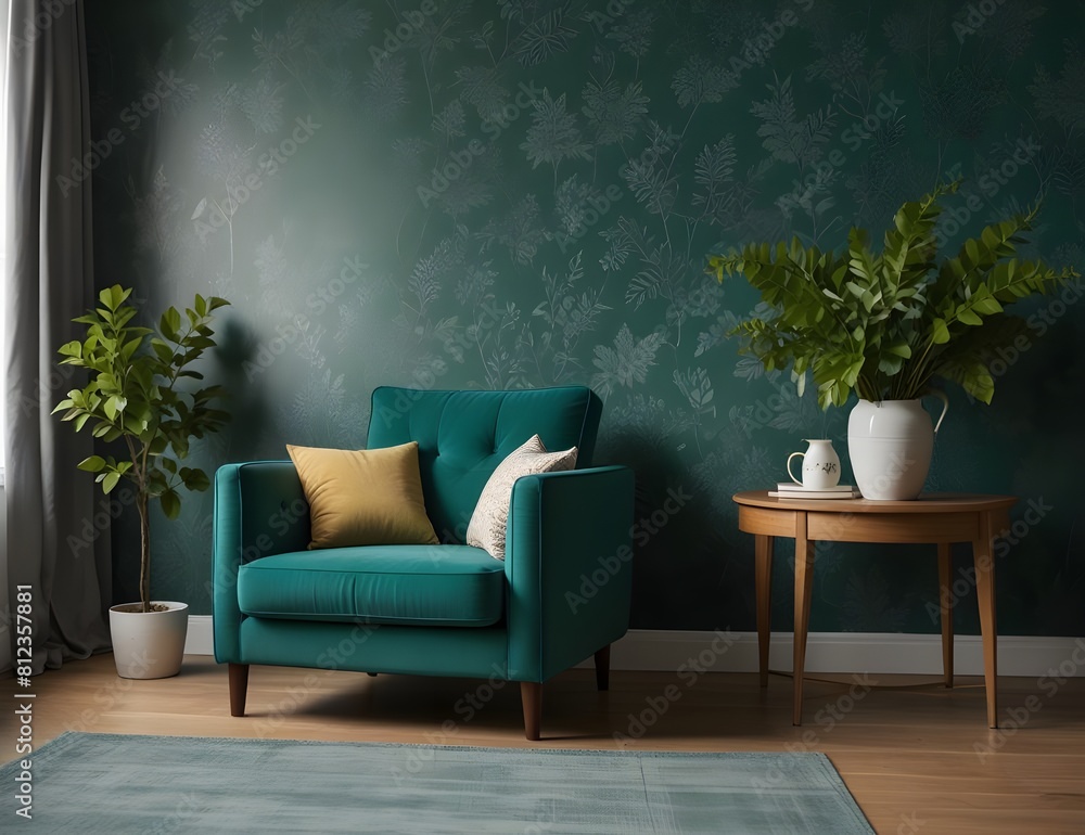 Chair and turquoise sofa in green living room interior with leaves wallpaper and table. Real photo. Chair and turquoise sofa in green living room interior with leaves wallpaper and table. Real photo.