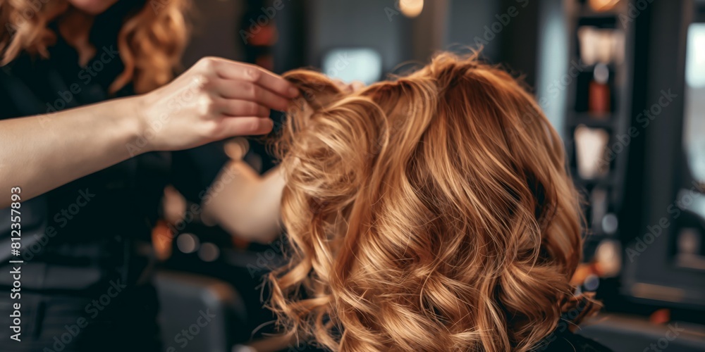 Fototapeta premium A stylist carefully curls a woman's blonde hair, showcasing the hairdressing process in a salon