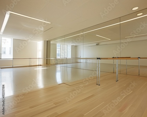 A school dance studio with mirrored walls, a barre, and a sprung floor. photo