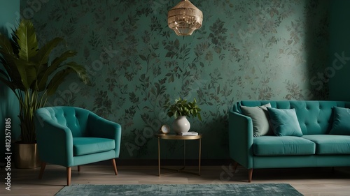 Chair and turquoise sofa in green living room interior with leaves wallpaper and table. Real photo.