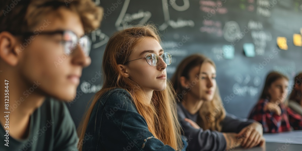 A classroom scene focused on a teenage girl wearing glasses, surrounded by focused peers A classroom scene focused on a teenage girl wearing glasses, surrounded by focused peers