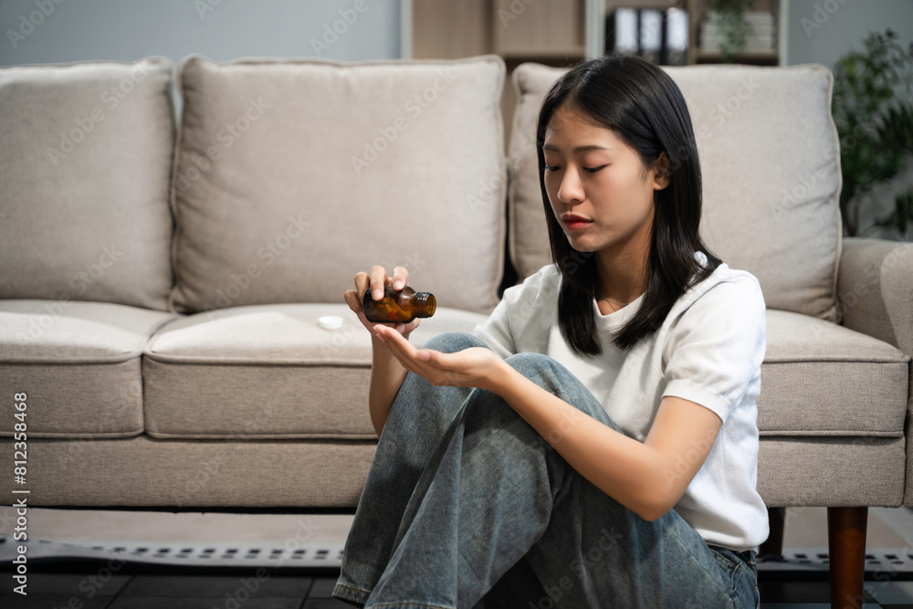 woman sit Depression Dark haired pensive glance Standing by window on sofa and anxiety woman sit Depression Dark haired pensive glance Standing by window on sofa and anxiety