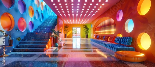 retro futurism hotel lobby interior 70s style  octane render