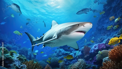 Great white shark in the ocean, portrait of White shark hunting prey in the underwater