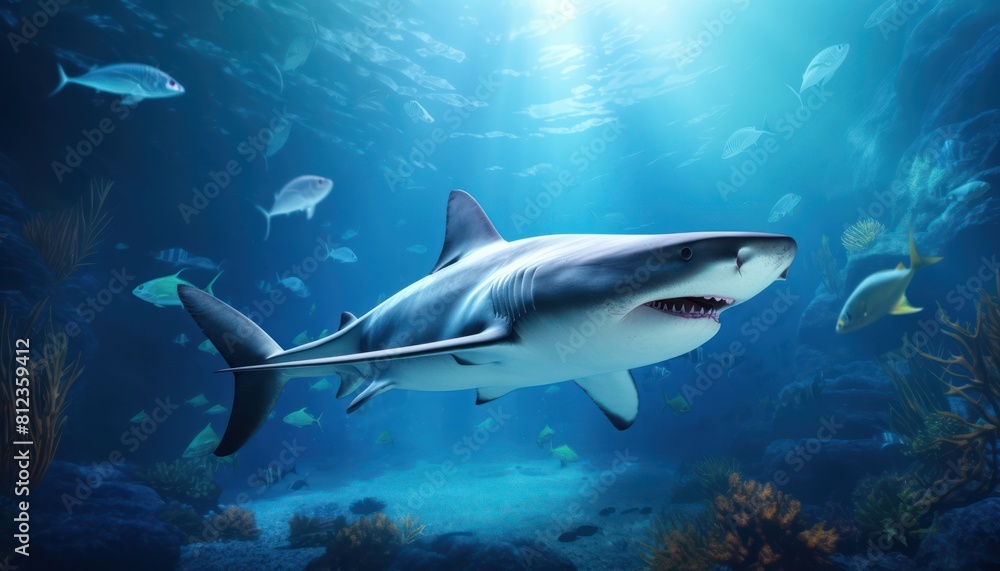 Great white shark in the ocean, portrait of White shark hunting prey in the underwater Great white shark in the ocean, portrait of White shark hunting prey in the underwater