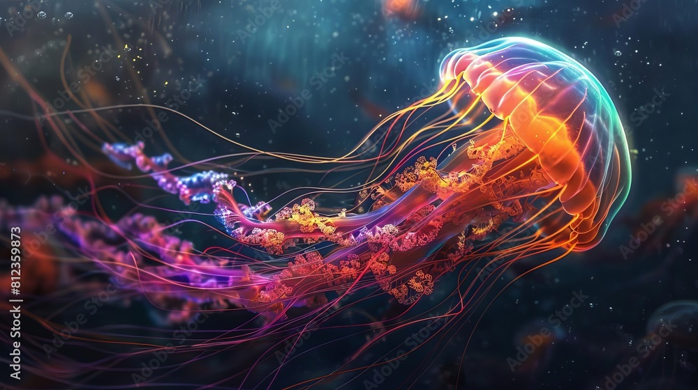 Imagine a surreal jellyfish with a rainbow of neon colors, its tentacles trailing light in a dark underwater setting Imagine a surreal jellyfish with a rainbow of neon colors, its tentacles trailing light in a dark underwater setting