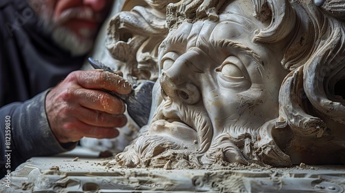 Imagine a stone carver meticulously restoring an ancient statue, preserving the artistry of a longlost civilization photo