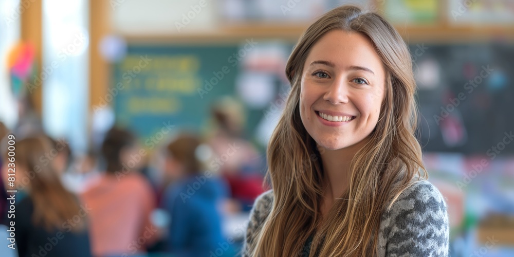 A smiling female teacher poses in a schoolroom, her friendly demeanor illustrates approachability and warmth A smiling female teacher poses in a schoolroom, her friendly demeanor illustrates approachability and warmth