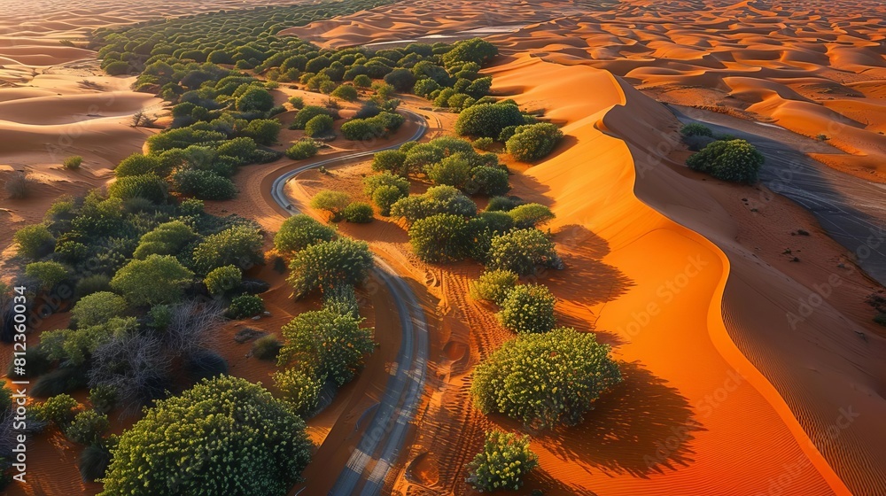 Imagine an aerial view of a winding path through desert sand dunes ...