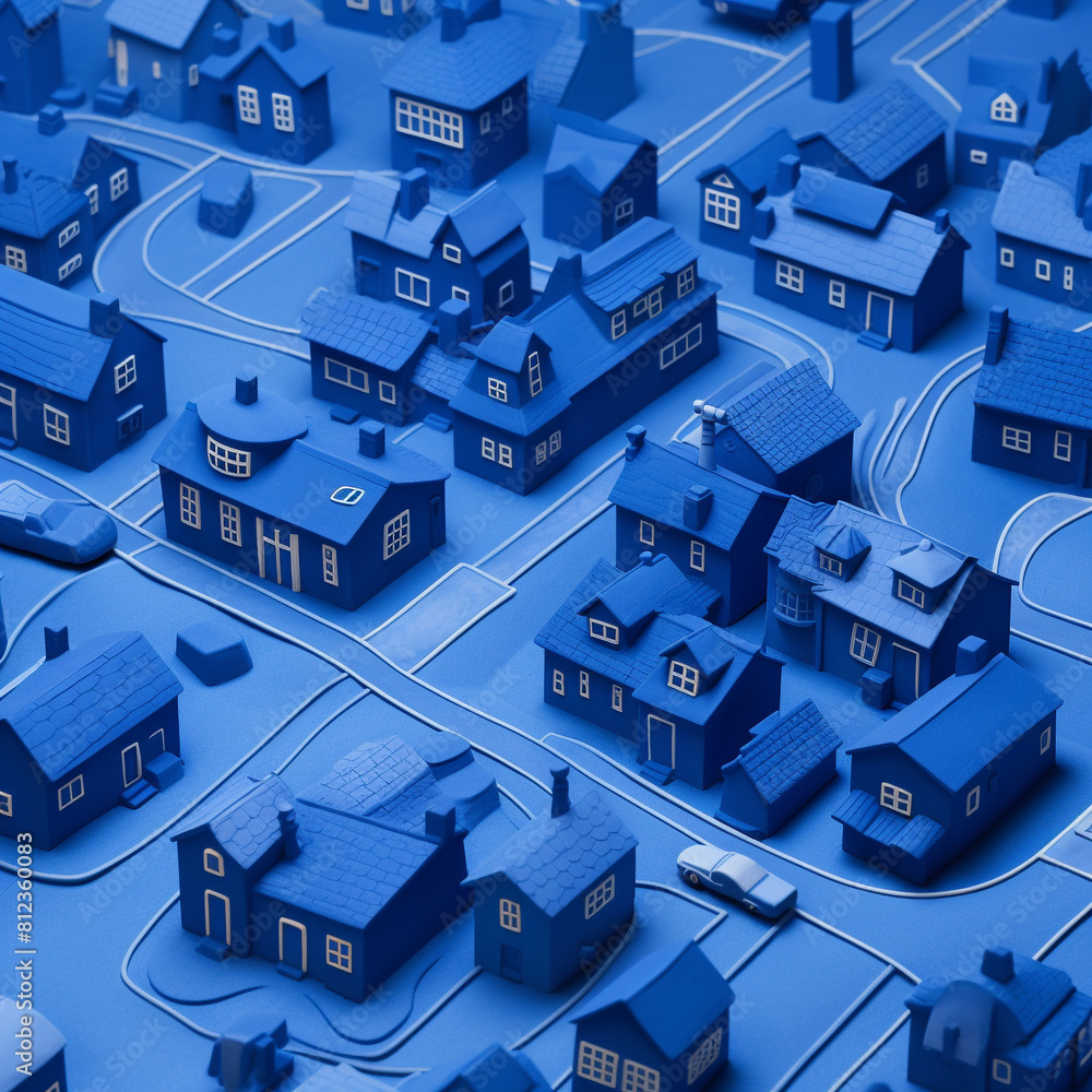 Fototapeta premium Looking down from above at the roads and houses of a suburban neighborhood made from blue modelling clay.