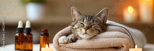 A serene cat is sleeping on a soft towel surrounded by lit candles and essential oil bottles, evoking peace and relaxation photo