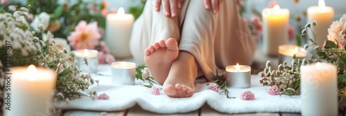 Bare feet surrounded by numerous candles and fresh flowers, illustrating a relaxed atmosphere for a spa or meditation photo