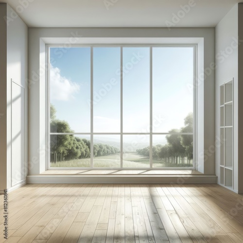 A large window in a Room with a template mockup poster empty white and image attractive lively card design. © Tunrino