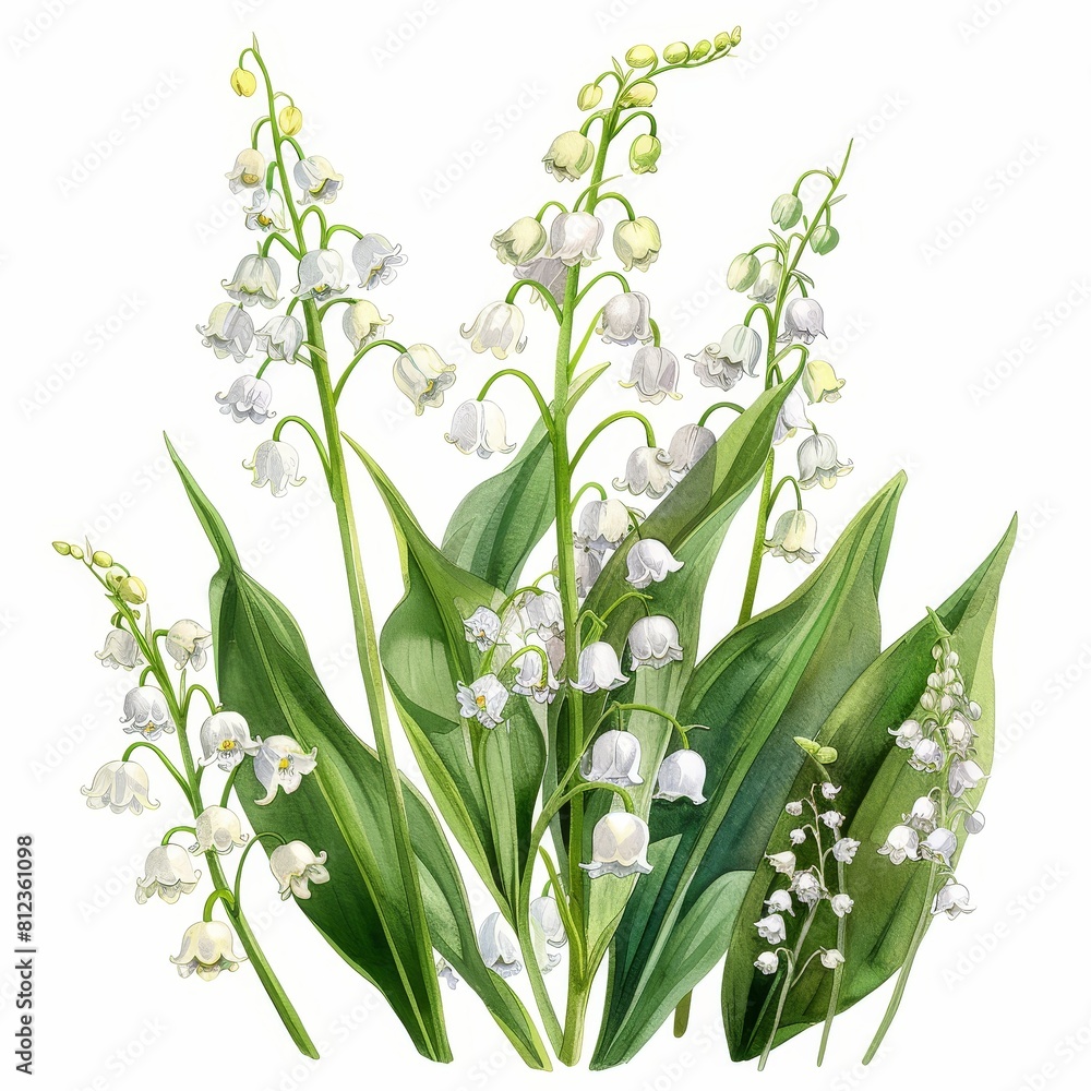 Fototapeta premium A beautiful watercolor painting of lily of the valley flowers. The delicate white blooms are accented with bright green leaves.