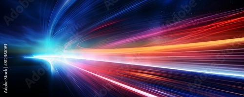 Fast red and blue streaks in a dark space. A long road with colorful lines on each side Panorama. Generative ai