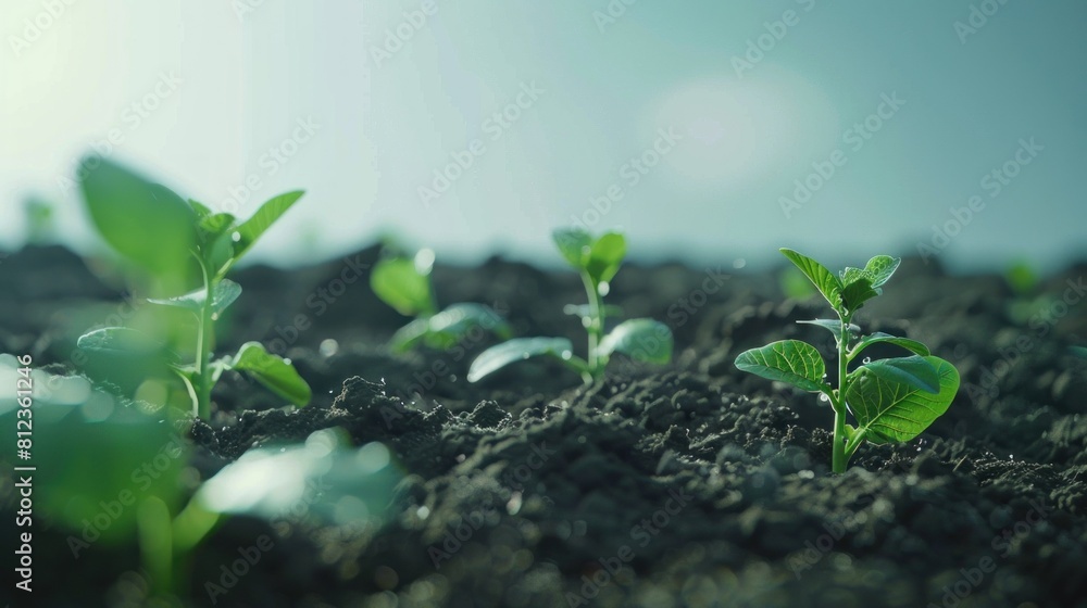 several young plants growing from the ground. The shining sunlight gives a feeling of warmth and hope, depicting new life and growth. several young plants growing from the ground. The shining sunlight gives a feeling of warmth and hope, depicting new life and growth.