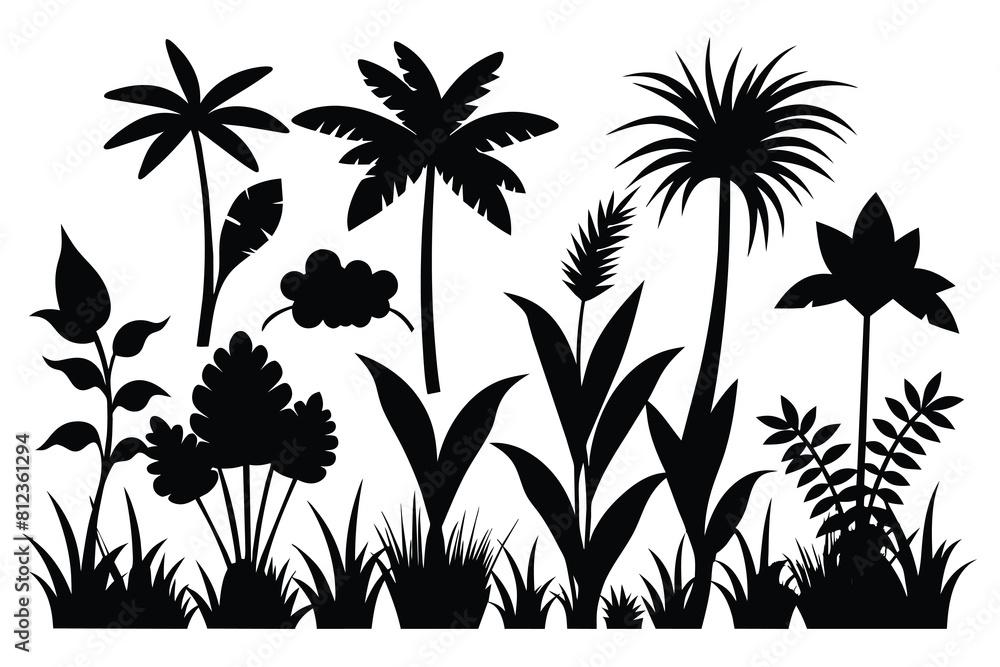 Tropical Plant And Grass In Silhouette Vector