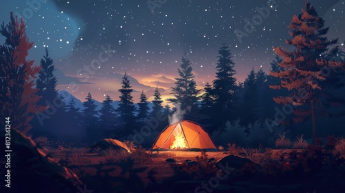 peaceful and beautiful evening atmosphere in nature. There is a yellow tent located near the campfire.
