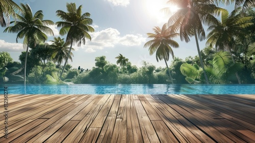 Capture the essence of a tropical paradise with a wood floor texture set against a dreamy summer backdrop featuring a pool glistening under the sun and palm trees swaying gently in the breez photo