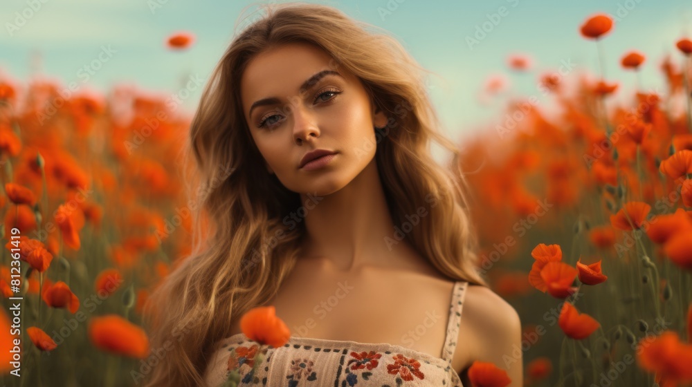 Naklejka premium beautiful girl standing in the middle of a field of red poppies wearing a blue dress with thin straps