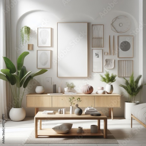 Room with a template mockup poster empty white and With Table And Plants image realistic attractive