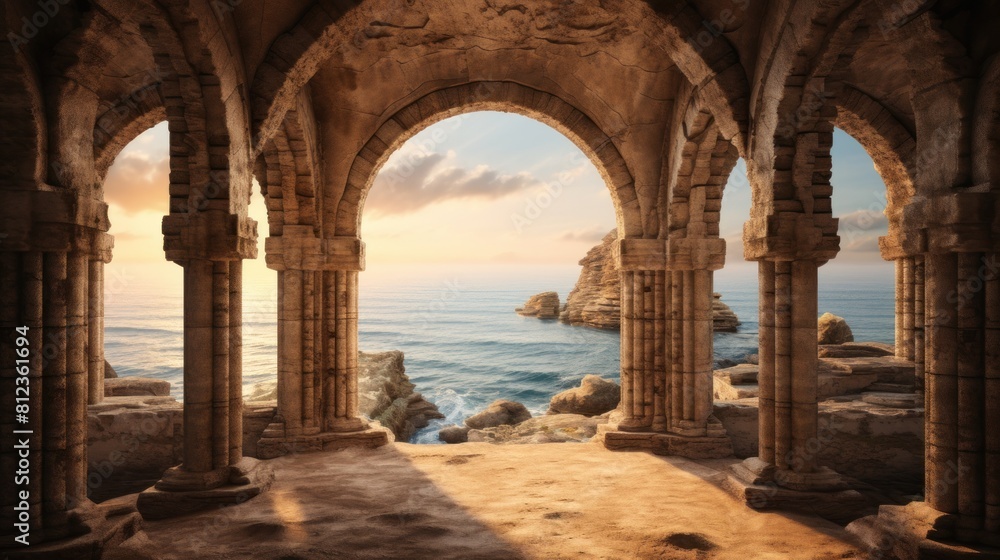 calm and peaceful view. There is an ancient structure made of stone, with arches and columns facing the sea