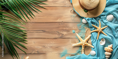 wooden background with beach elements, top view, starfish and straw hat on the sand, palm leaves, seashells, blue fabric, generative AI