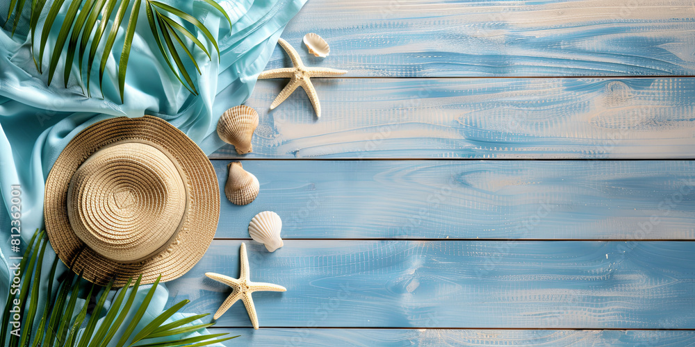 wooden background with beach elements, top view, starfish and straw hat on the sand, palm leaves, seashells, blue fabric, generative AI wooden background with beach elements, top view, starfish and straw hat on the sand, palm leaves, seashells, blue fabric, generative AI