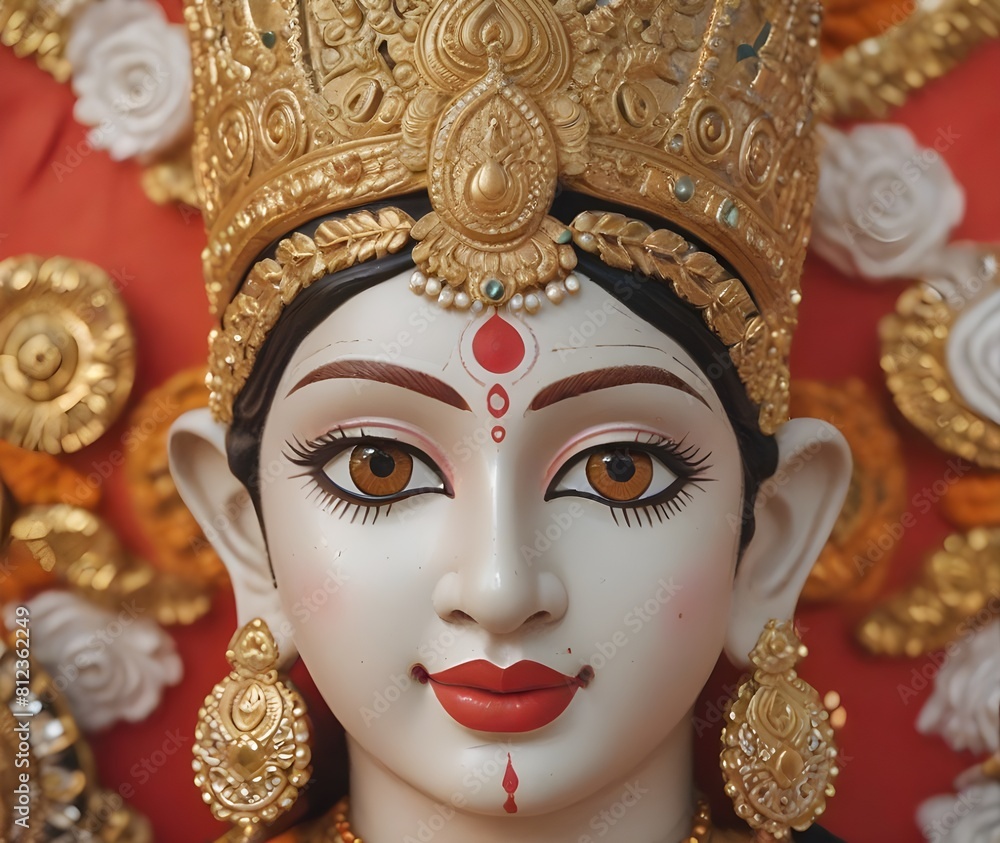 Goddess Durga with traditional look in close up view at a South Kolkata Durga Puja, Durga Puja Idol, A biggest Hindu Navratri festival in India generate ai
