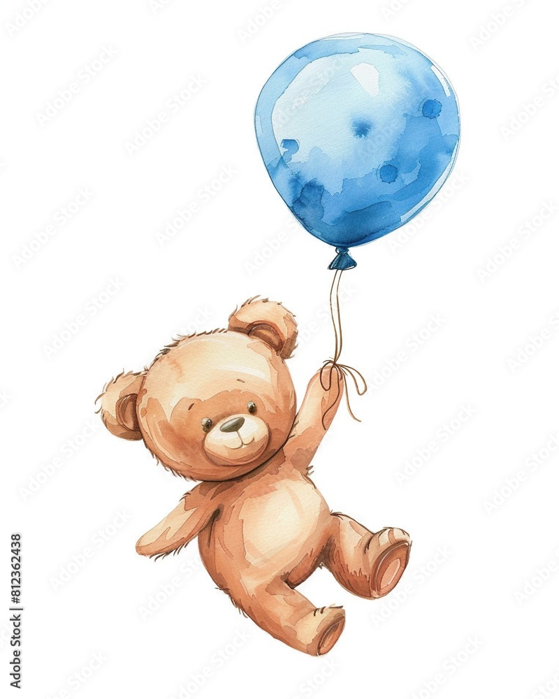 Cuddly Teddy Bear Holding Balloon, Watercolor Painting. Isolated, Perfect for Baby or Nursery Room Framing. Cuddly Teddy Bear Holding Balloon, Watercolor Painting. Isolated, Perfect for Baby or Nursery Room Framing.